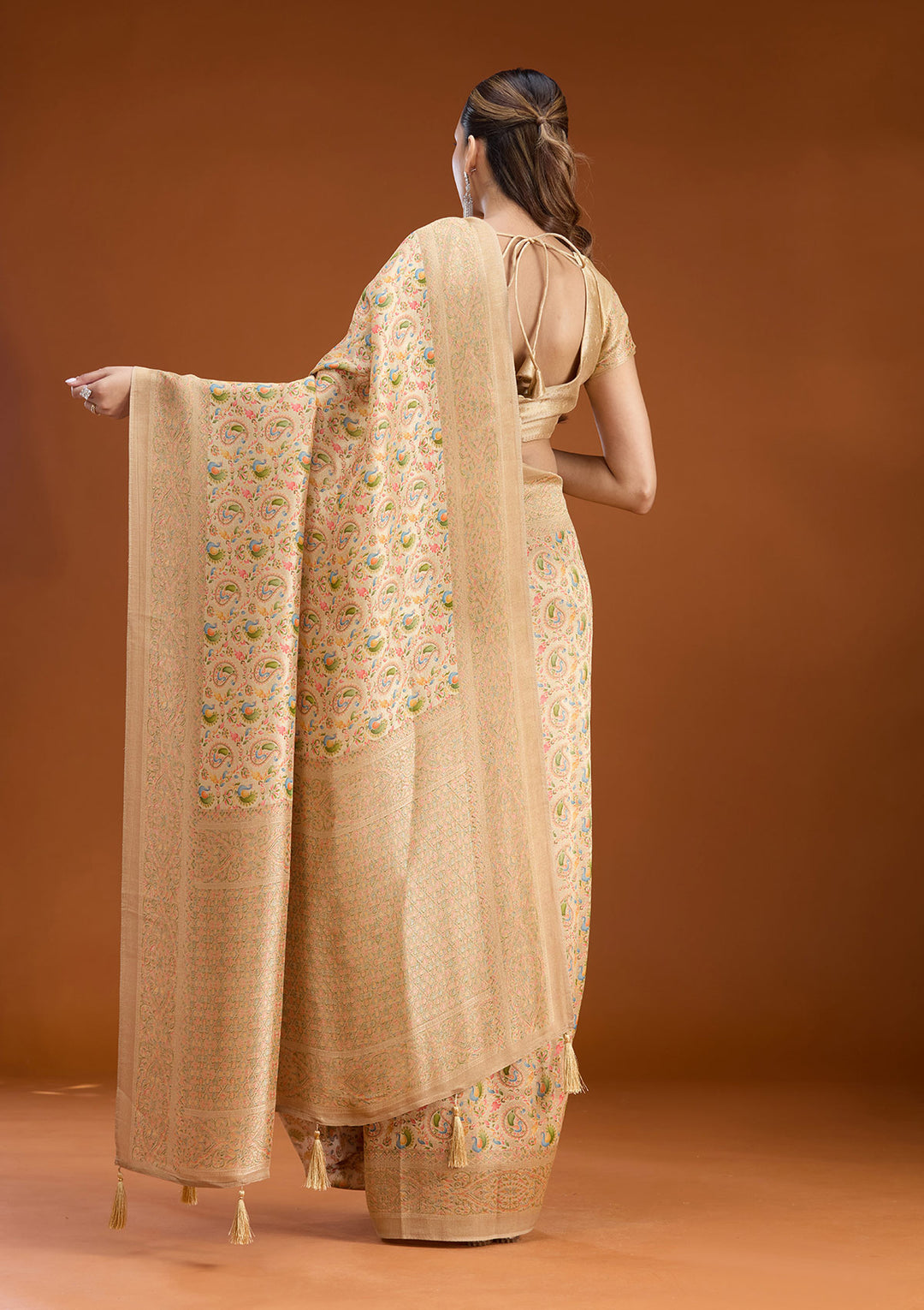 Beige Crepe Jaal Kashmiri Saree With Matching Blouse Piece