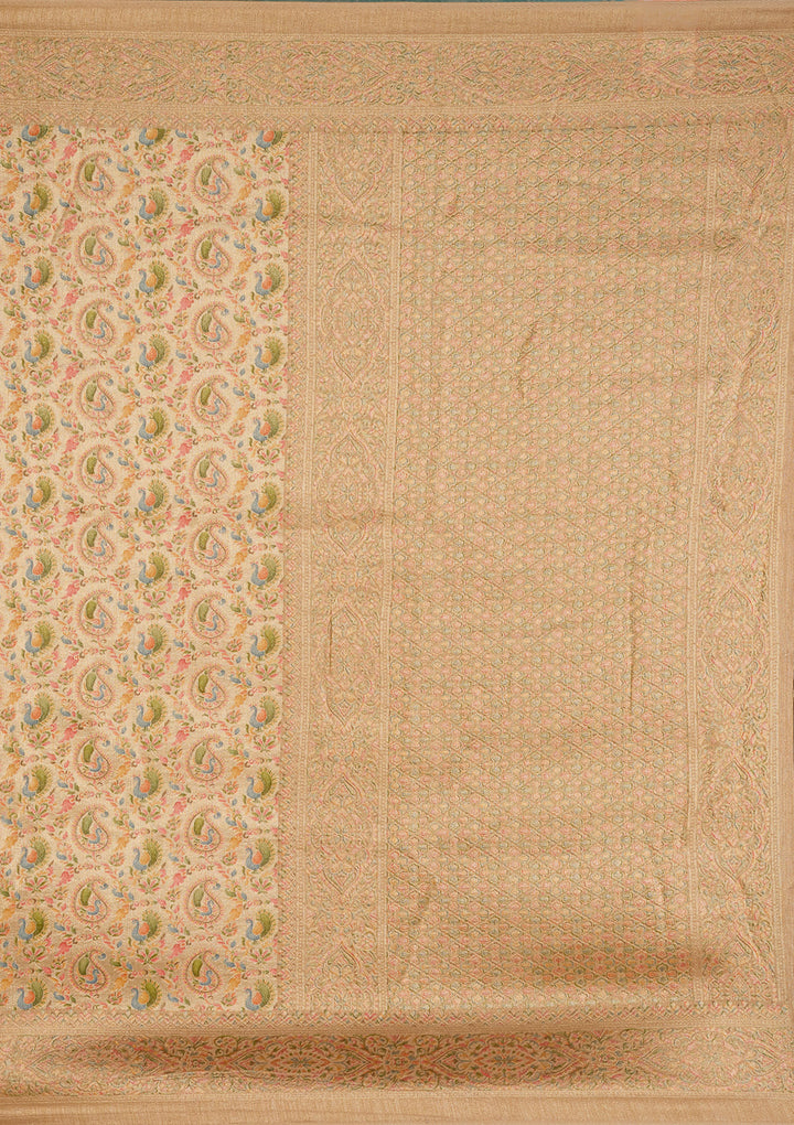 Beige Crepe Jaal Kashmiri Saree With Matching Blouse Piece