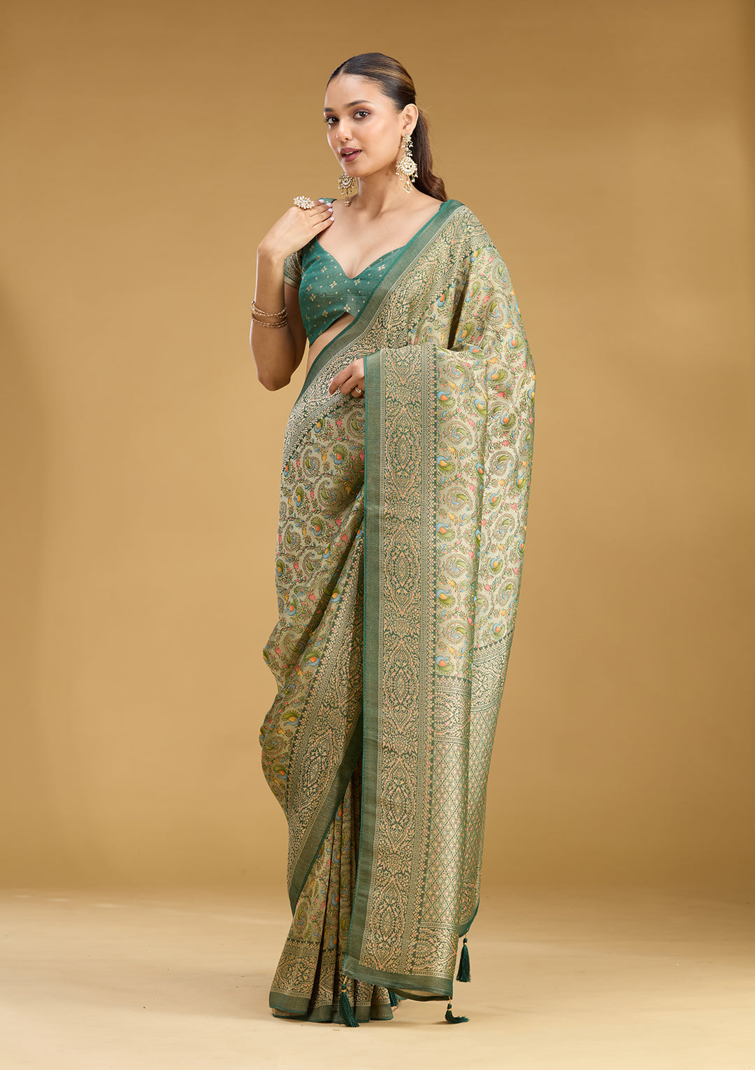 Mehendi Crepe Jaal Kashmiri Saree With Matching Blouse Piece