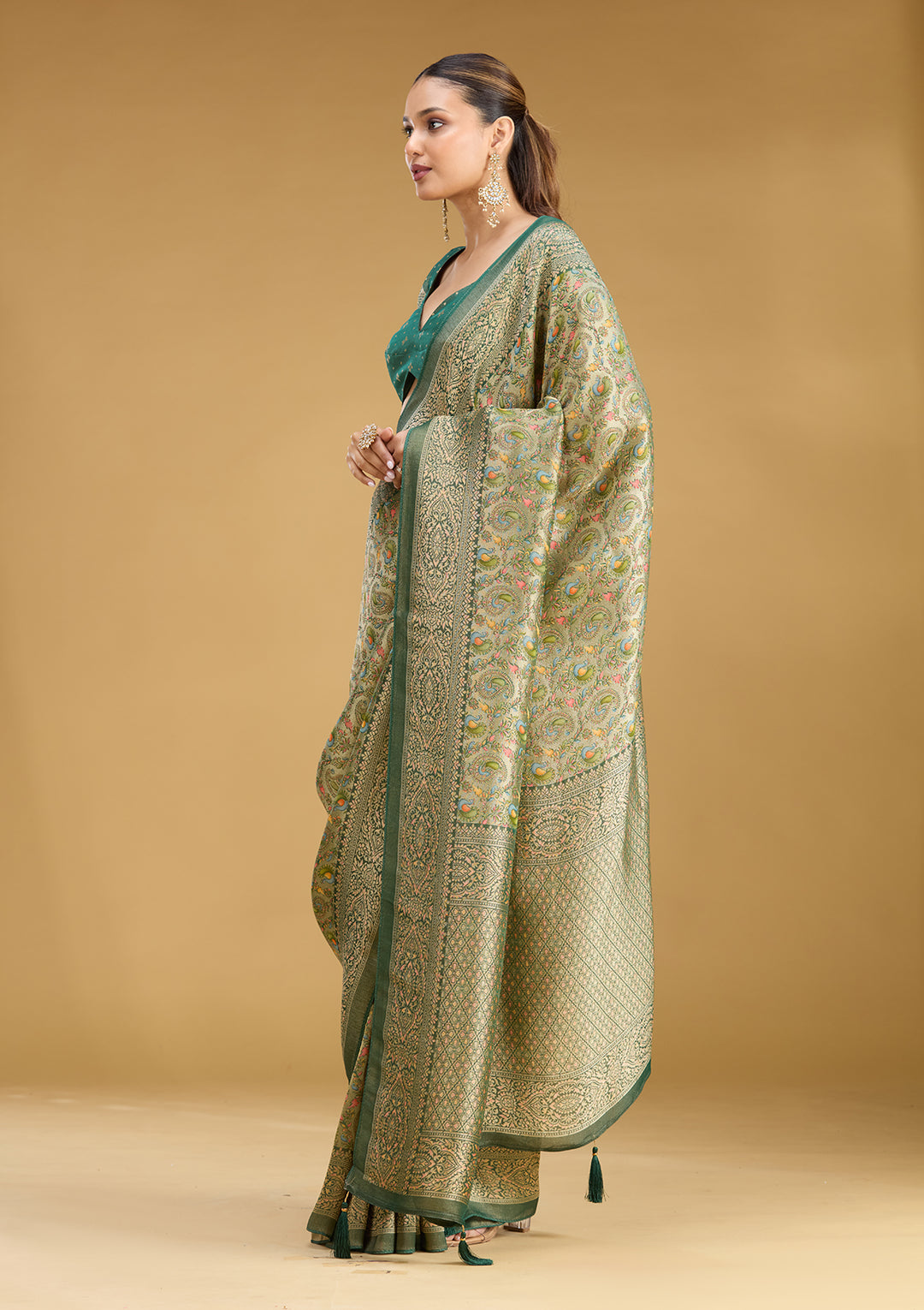 Mehendi Crepe Jaal Kashmiri Saree With Matching Blouse Piece