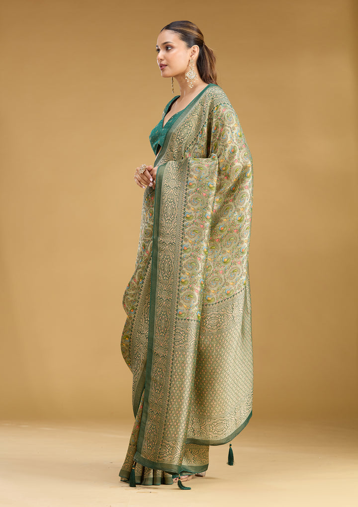 Mehendi Crepe Jaal Kashmiri Saree With Matching Blouse Piece