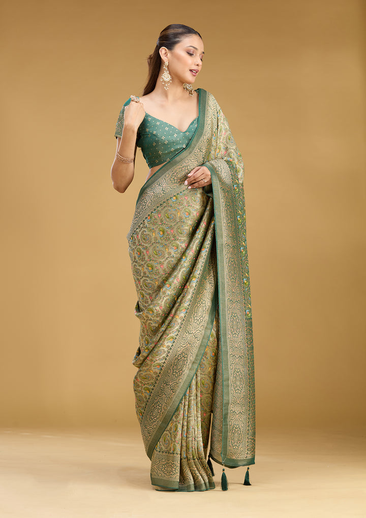 Mehendi Crepe Jaal Kashmiri Saree With Matching Blouse Piece