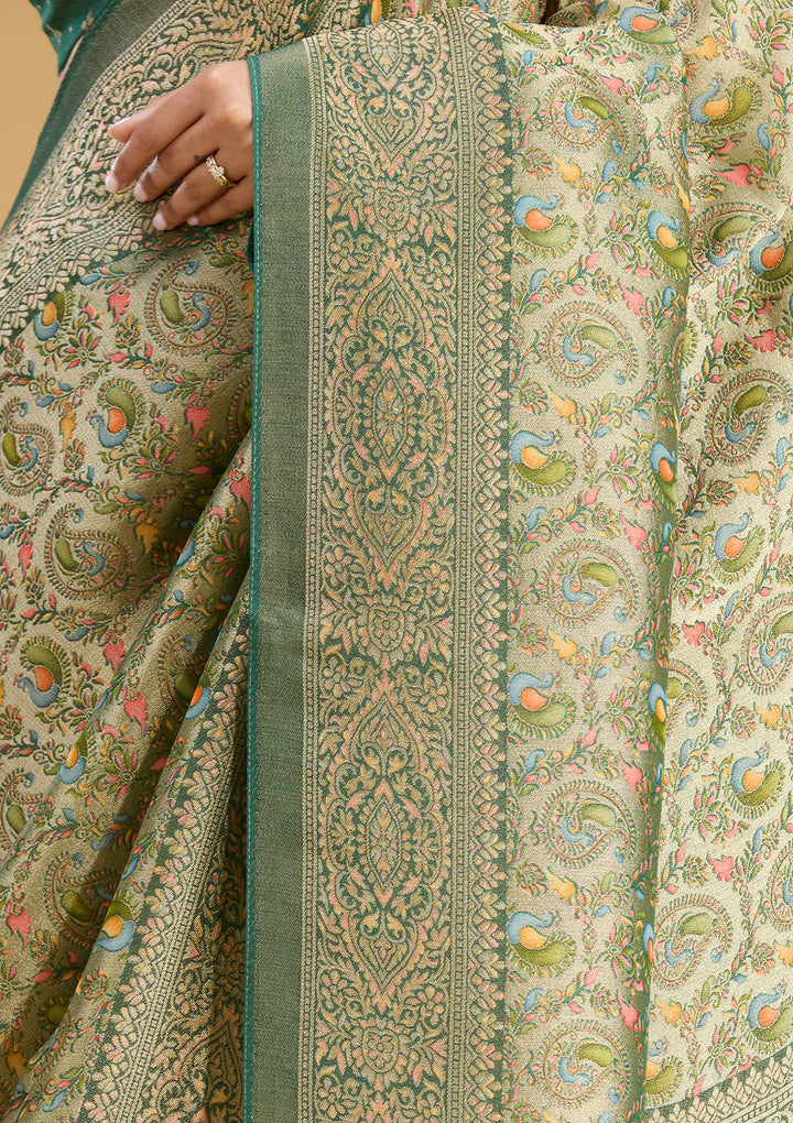 Mehendi Crepe Jaal Kashmiri Saree With Matching Blouse Piece