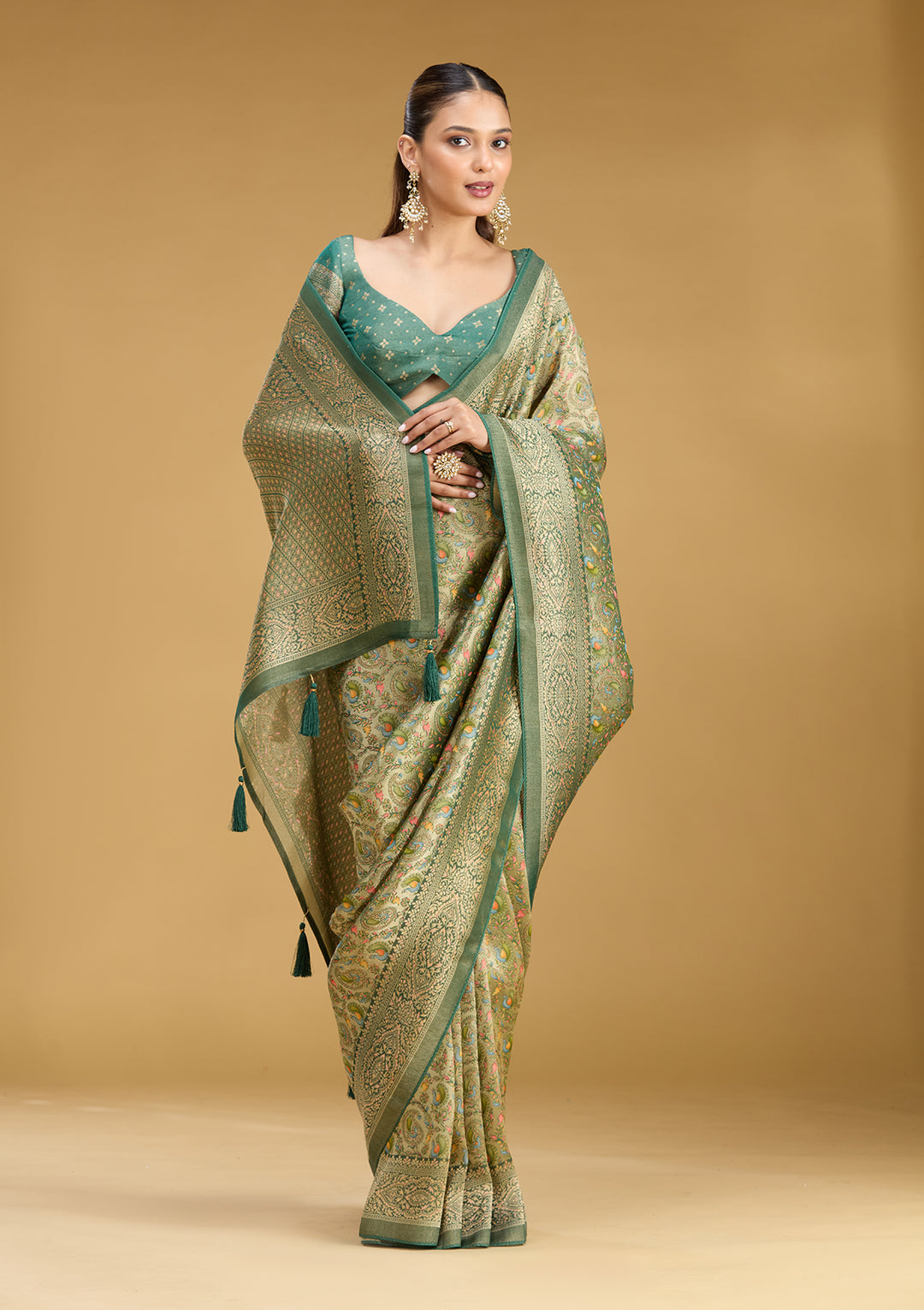 Mehendi Crepe Jaal Kashmiri Saree With Matching Blouse Piece