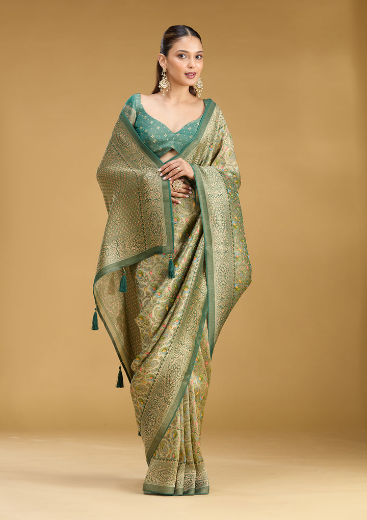 Mehendi Crepe Jaal Kashmiri Saree With Matching Blouse Piece