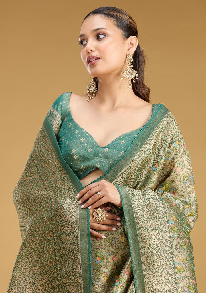 Mehendi Crepe Jaal Kashmiri Saree With Matching Blouse Piece