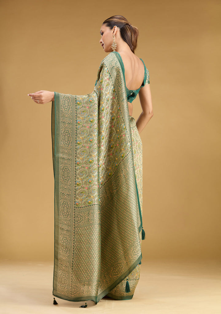 Mehendi Crepe Jaal Kashmiri Saree With Matching Blouse Piece