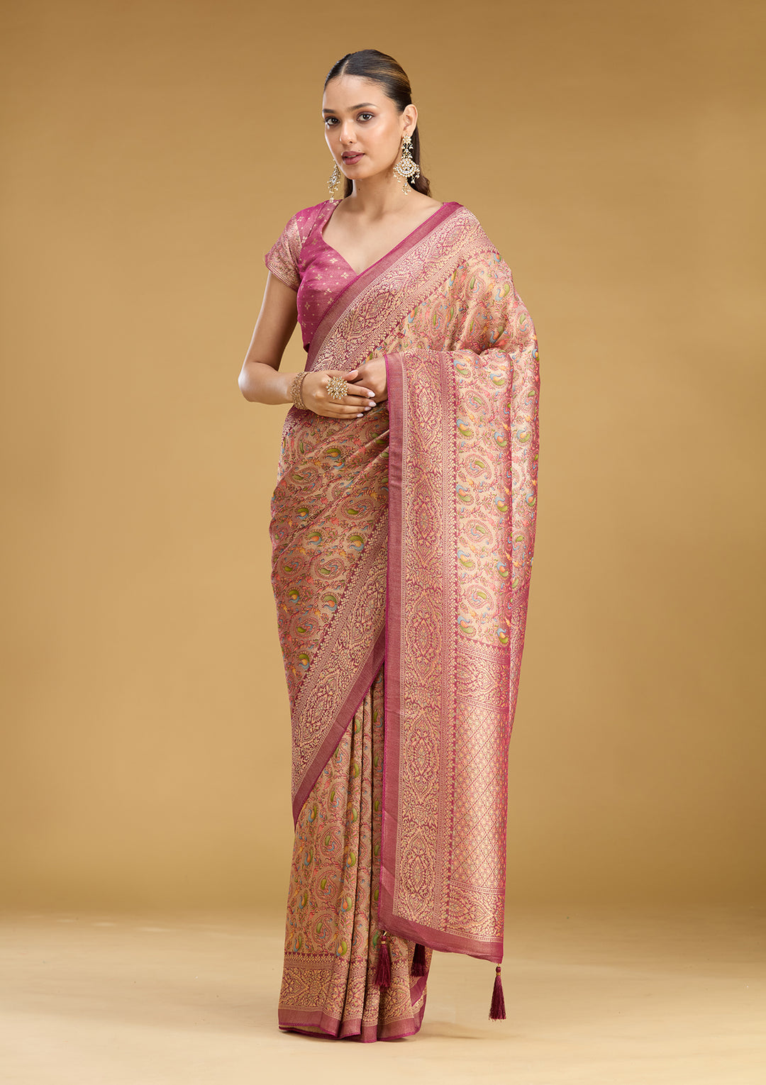 Wine Crepe Jaal Kashmiri Saree With Matching Blouse Piece