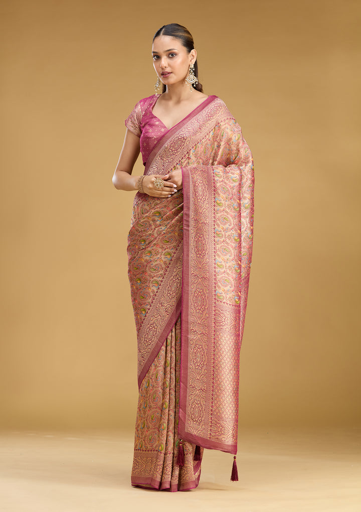 Wine Crepe Jaal Kashmiri Saree With Matching Blouse Piece