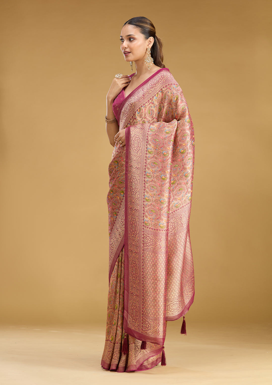 Wine Crepe Jaal Kashmiri Saree With Matching Blouse Piece