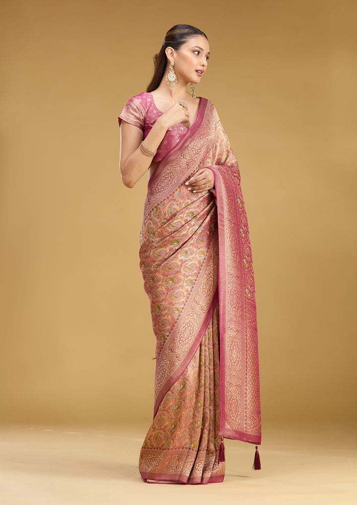 Wine Crepe Jaal Kashmiri Saree With Matching Blouse Piece