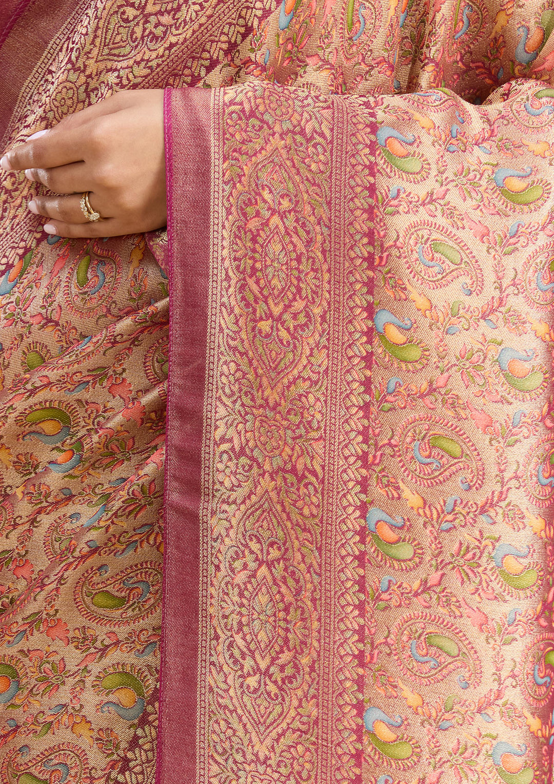 Wine Crepe Jaal Kashmiri Saree With Matching Blouse Piece