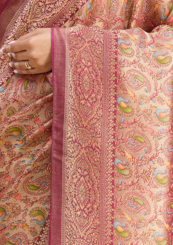 Wine Crepe Jaal Kashmiri Saree With Matching Blouse Piece