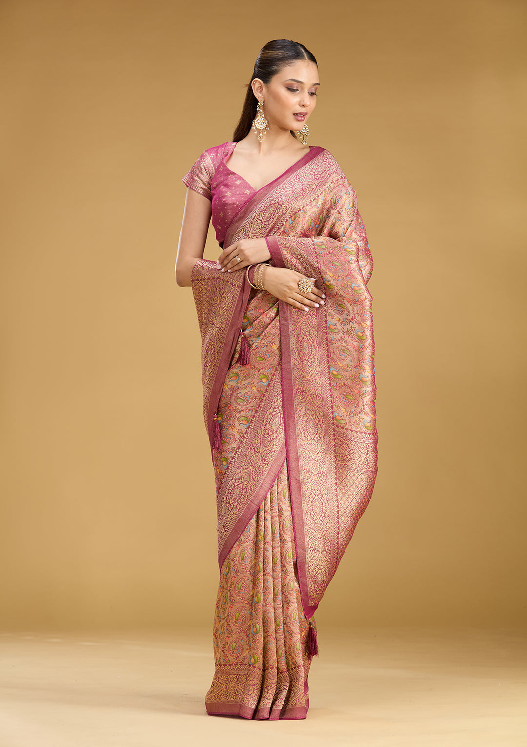 Wine Crepe Jaal Kashmiri Saree With Matching Blouse Piece