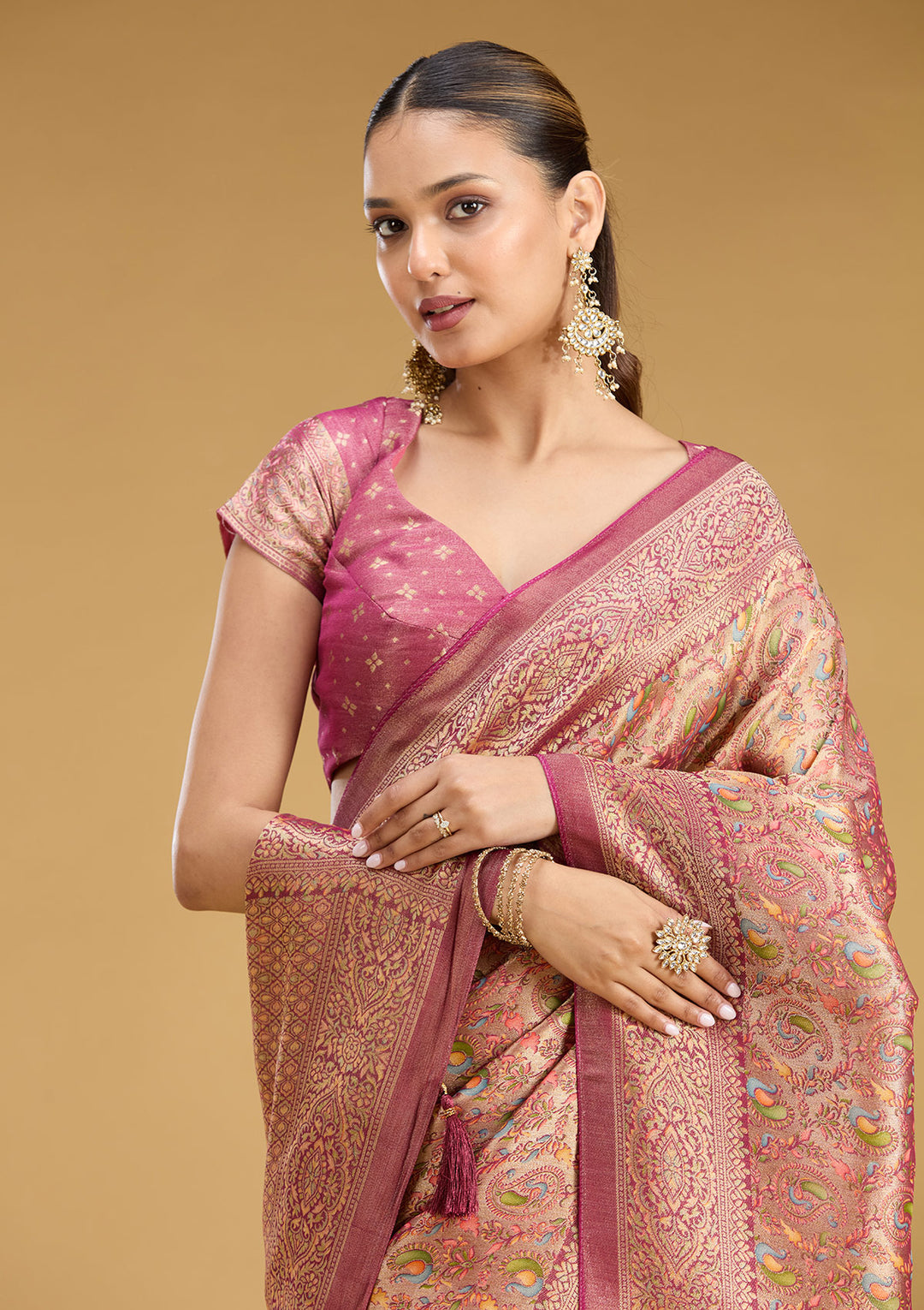 Wine Crepe Jaal Kashmiri Saree With Matching Blouse Piece