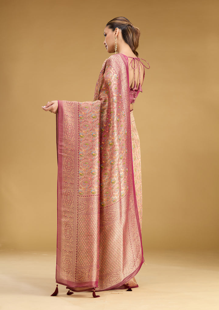Wine Crepe Jaal Kashmiri Saree With Matching Blouse Piece