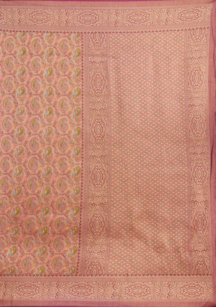 Wine Crepe Jaal Kashmiri Saree With Matching Blouse Piece