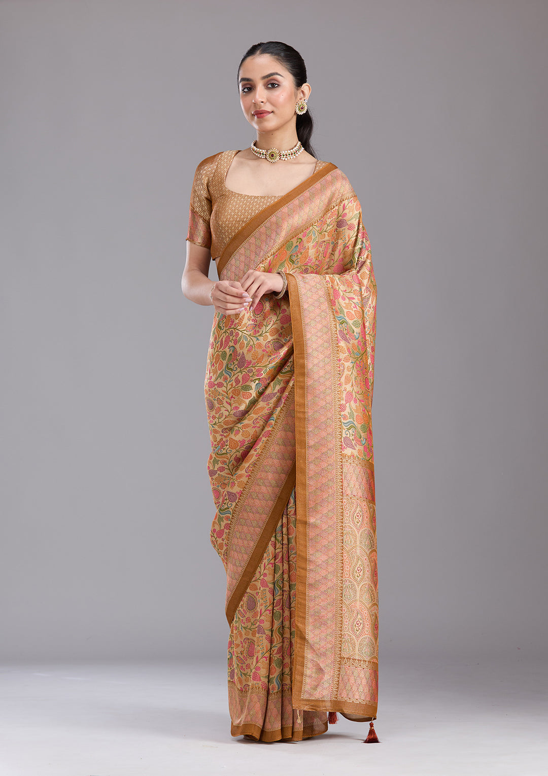 Gold Crepe Jaal Kashmiri Saree With Matching Blouse Piece