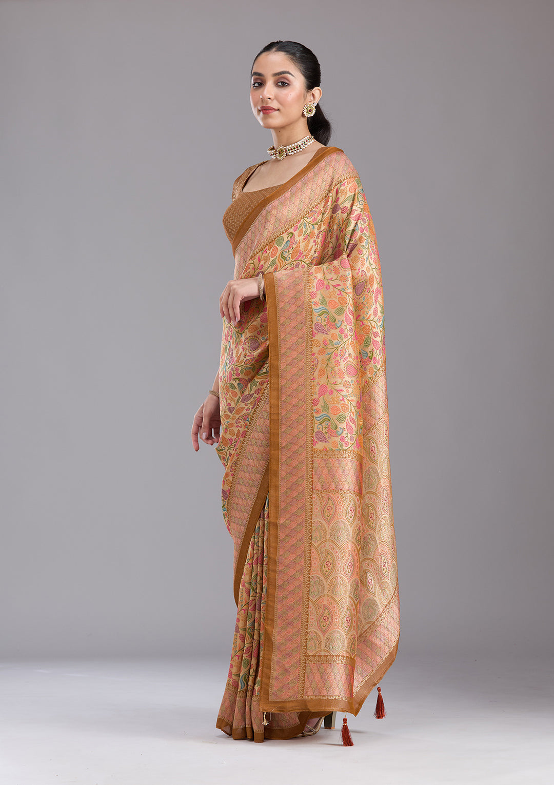 Gold Crepe Jaal Kashmiri Saree With Matching Blouse Piece
