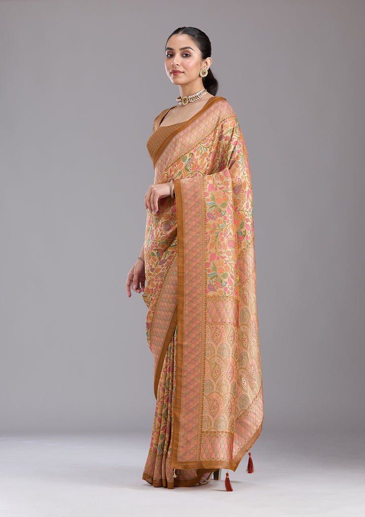 Gold Crepe Jaal Kashmiri Saree With Matching Blouse Piece