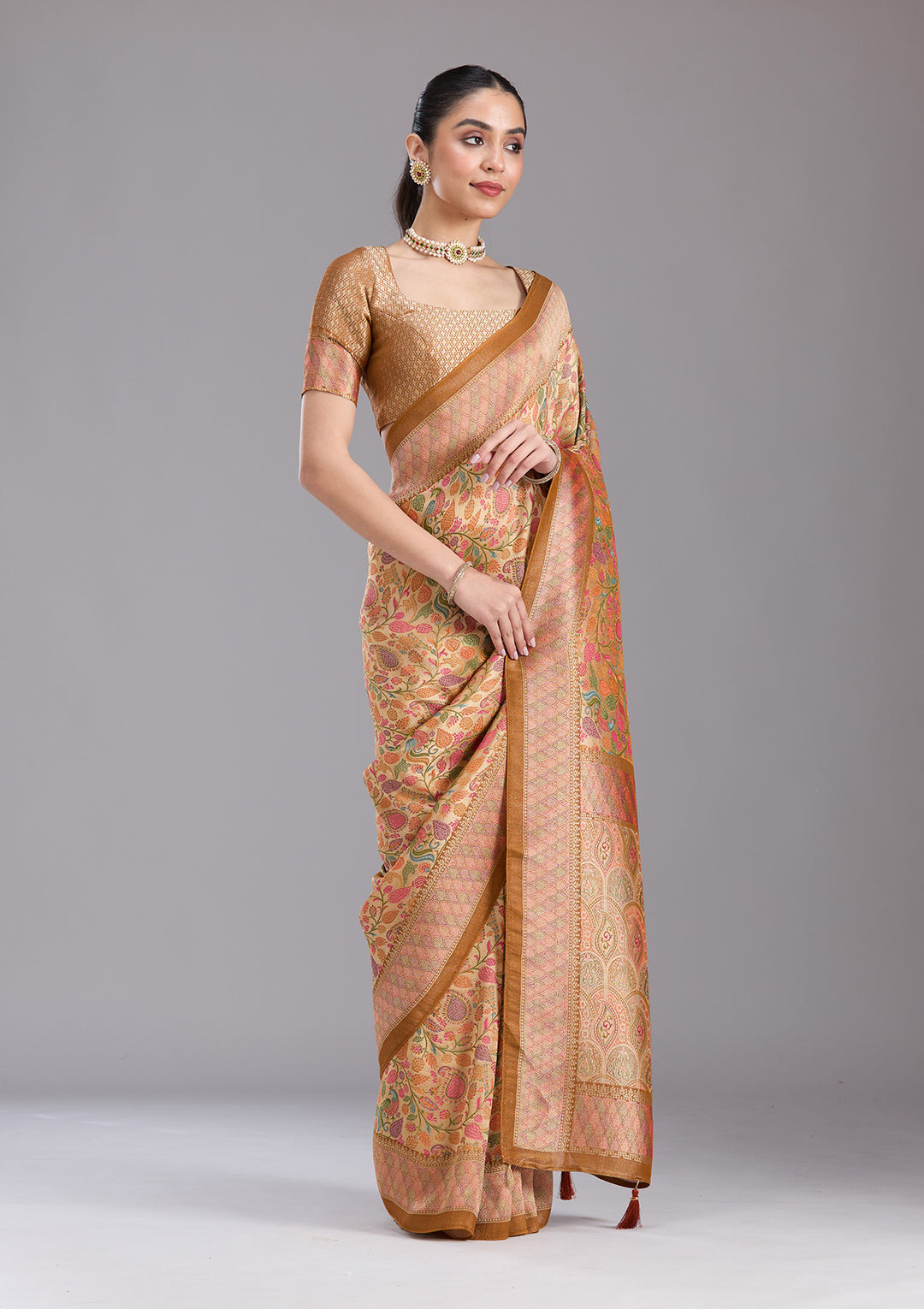 Gold Crepe Jaal Kashmiri Saree With Matching Blouse Piece