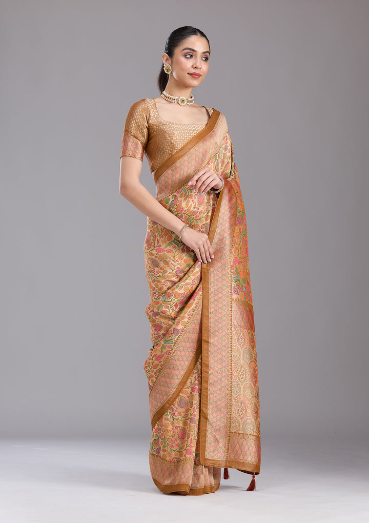 Gold Crepe Jaal Kashmiri Saree With Matching Blouse Piece