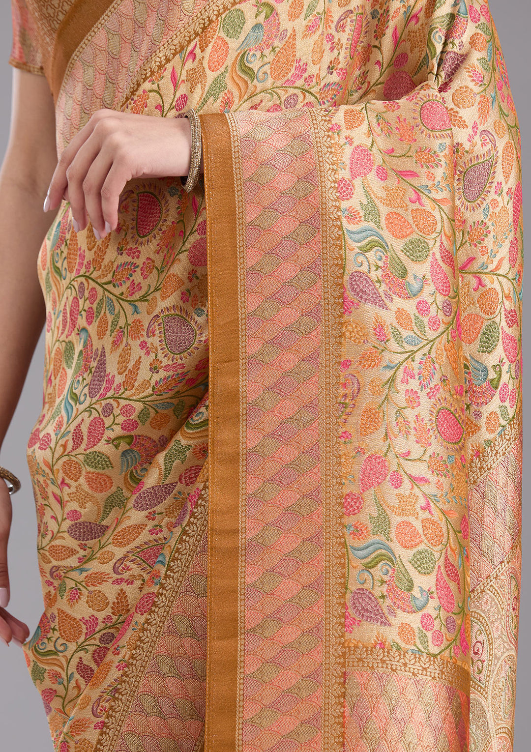 Gold Crepe Jaal Kashmiri Saree With Matching Blouse Piece
