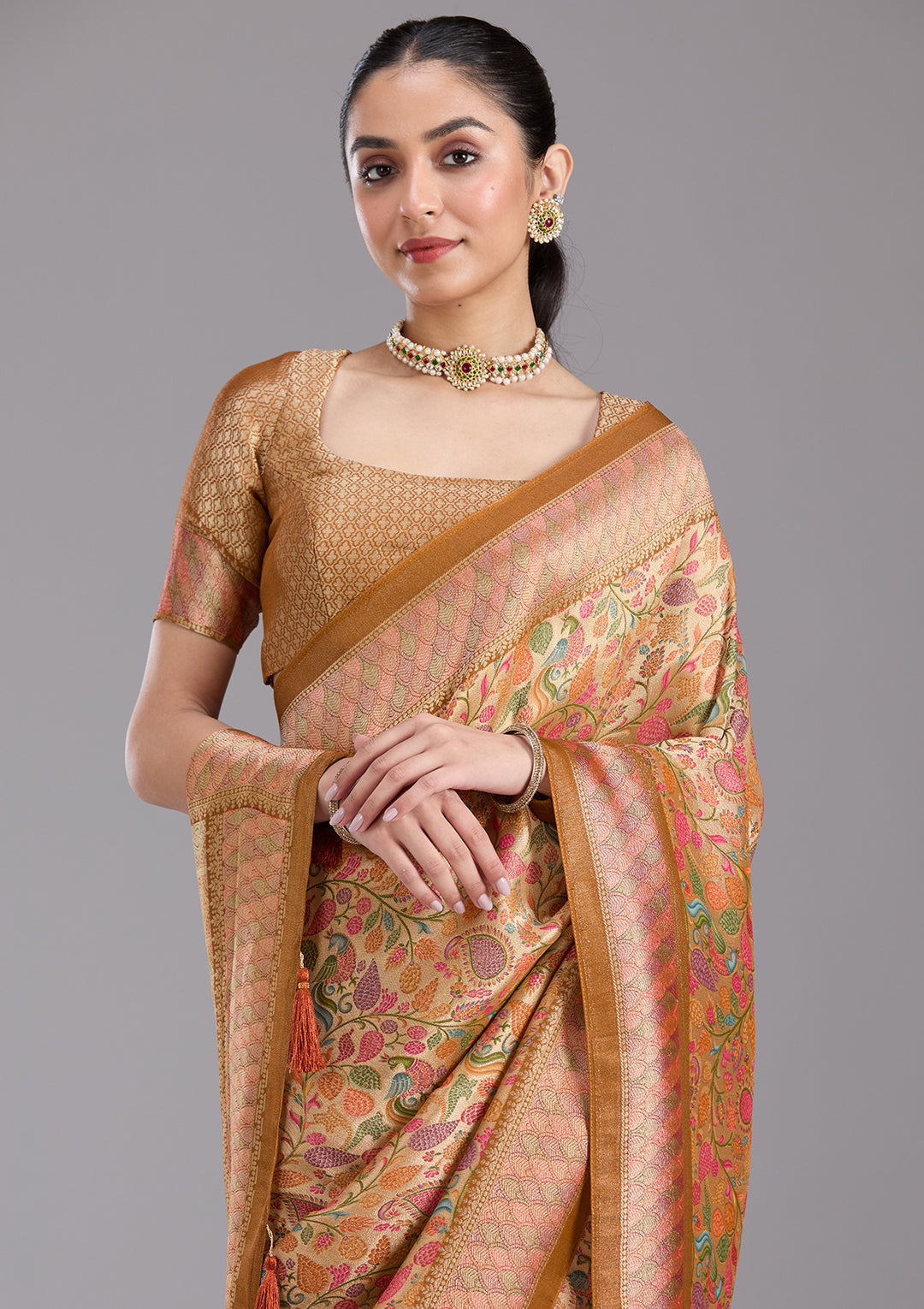 Gold Crepe Jaal Kashmiri Saree With Matching Blouse Piece