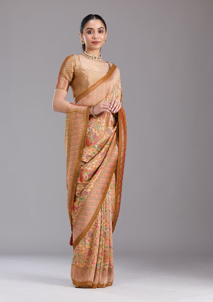 Gold Crepe Jaal Kashmiri Saree With Matching Blouse Piece