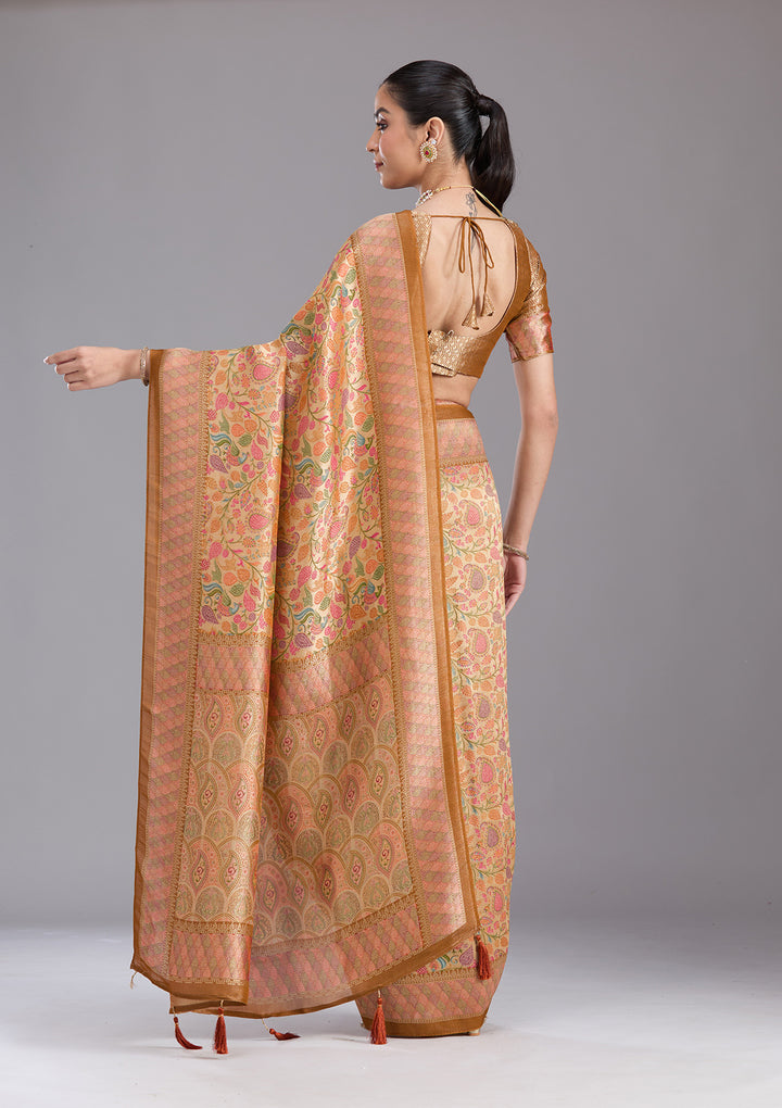 Gold Crepe Jaal Kashmiri Saree With Matching Blouse Piece