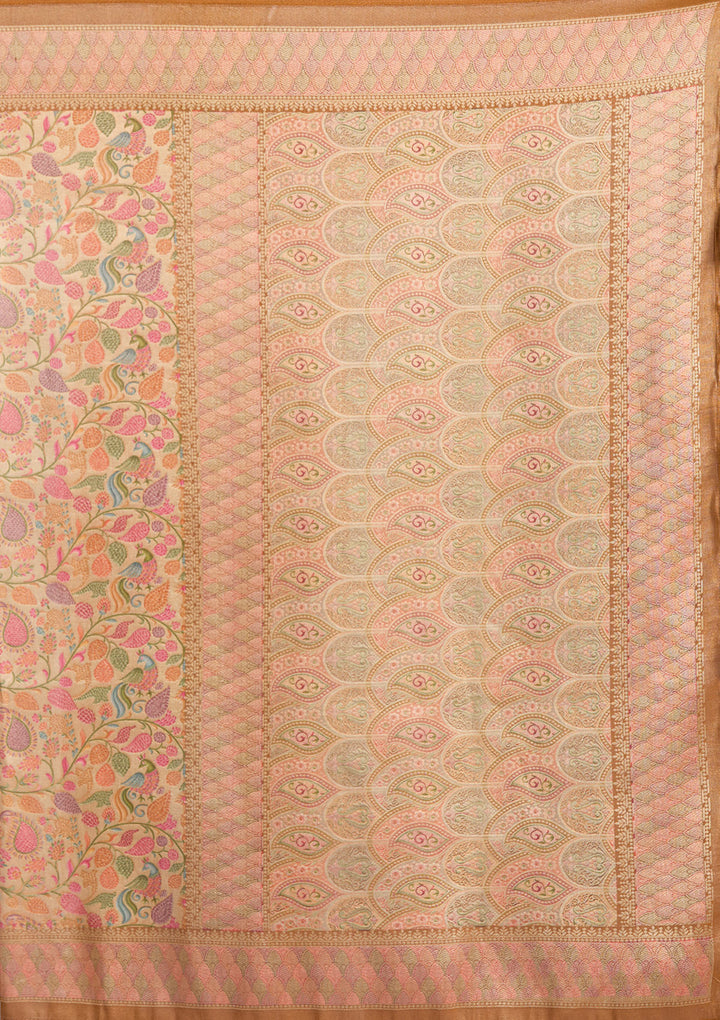 Gold Crepe Jaal Kashmiri Saree With Matching Blouse Piece