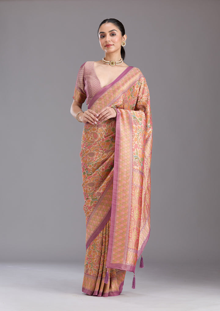 Lavender Crepe Jaal Kashmiri Saree With Matching Blouse Piece