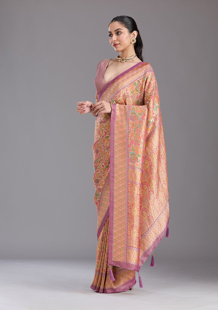 Lavender Crepe Jaal Kashmiri Saree With Matching Blouse Piece