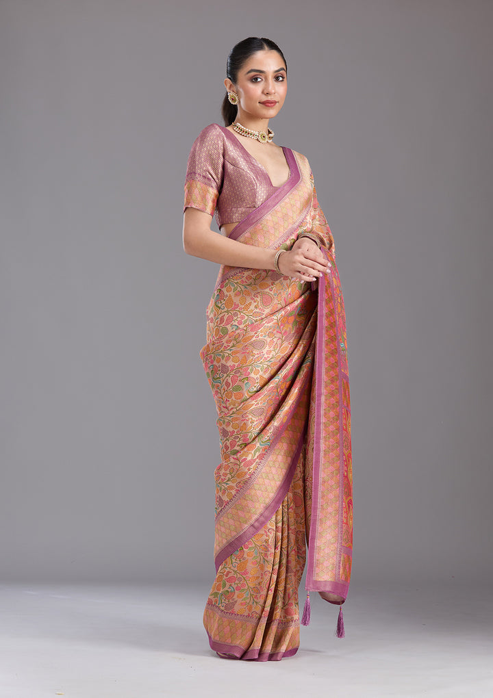 Lavender Crepe Jaal Kashmiri Saree With Matching Blouse Piece
