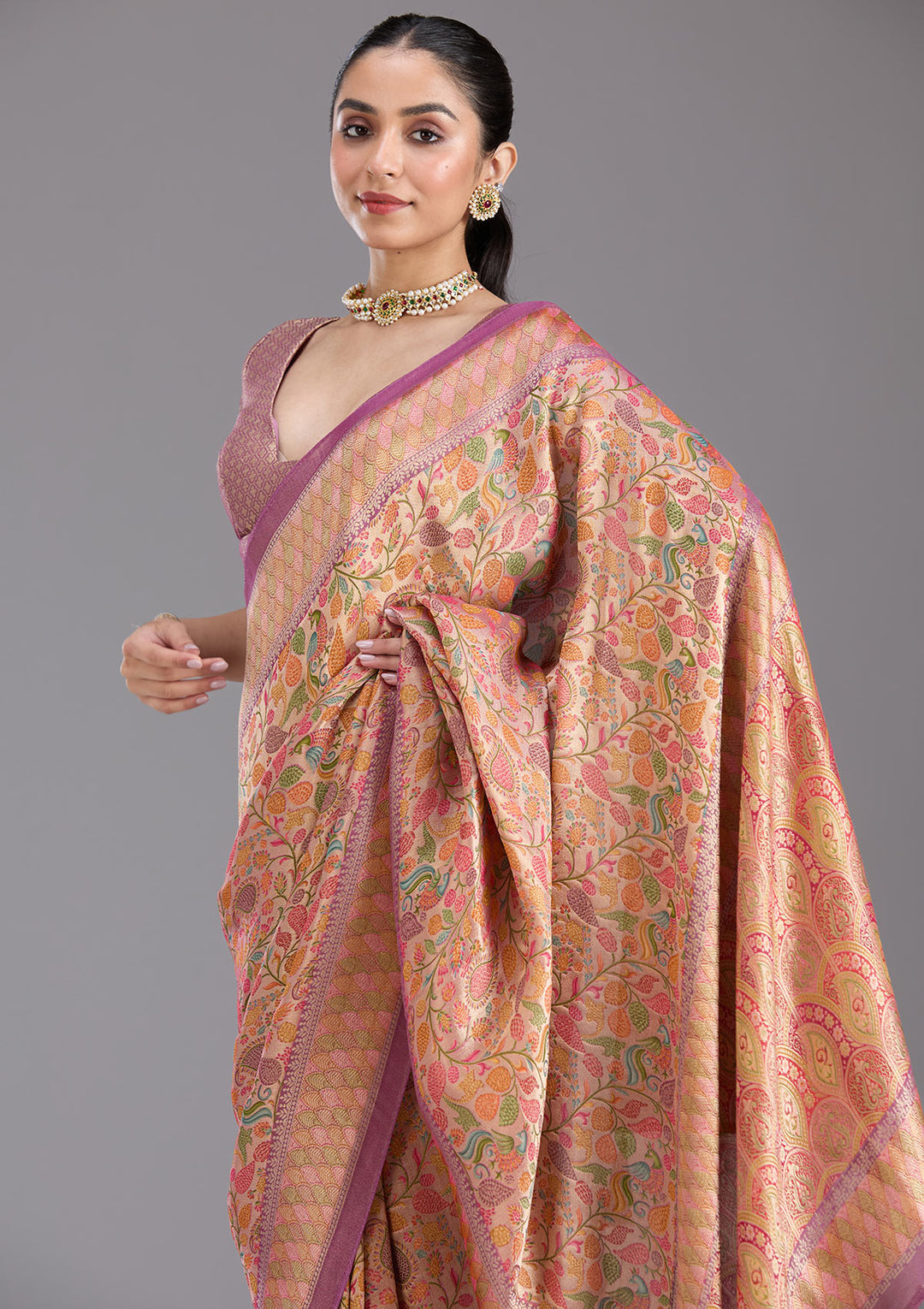 Lavender Crepe Jaal Kashmiri Saree With Matching Blouse Piece