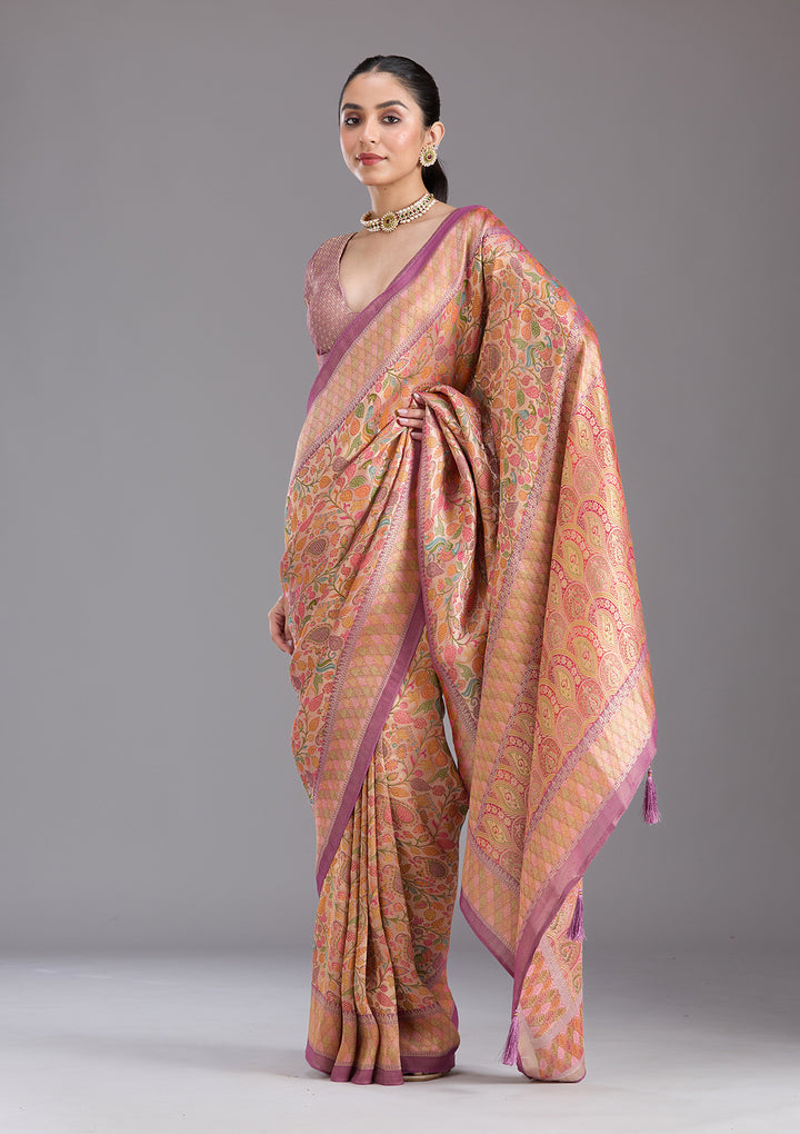 Lavender Crepe Jaal Kashmiri Saree With Matching Blouse Piece