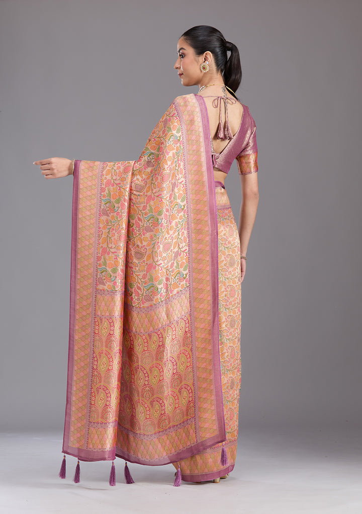 Lavender Crepe Jaal Kashmiri Saree With Matching Blouse Piece
