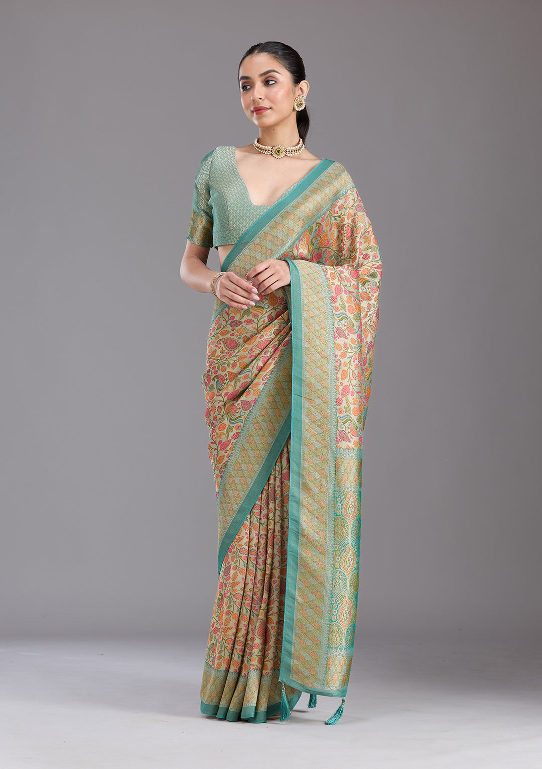 Sea Green Crepe Jaal Kashmiri Saree With Matching Blouse Piece