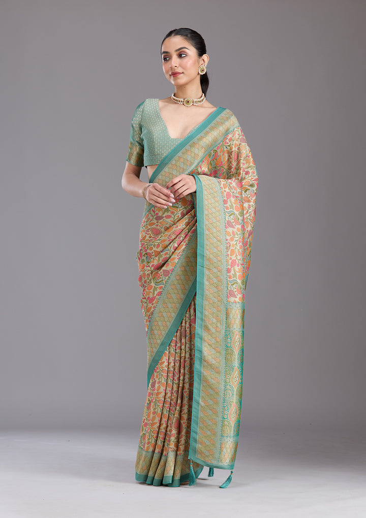 Sea Green Crepe Jaal Kashmiri Saree With Matching Blouse Piece