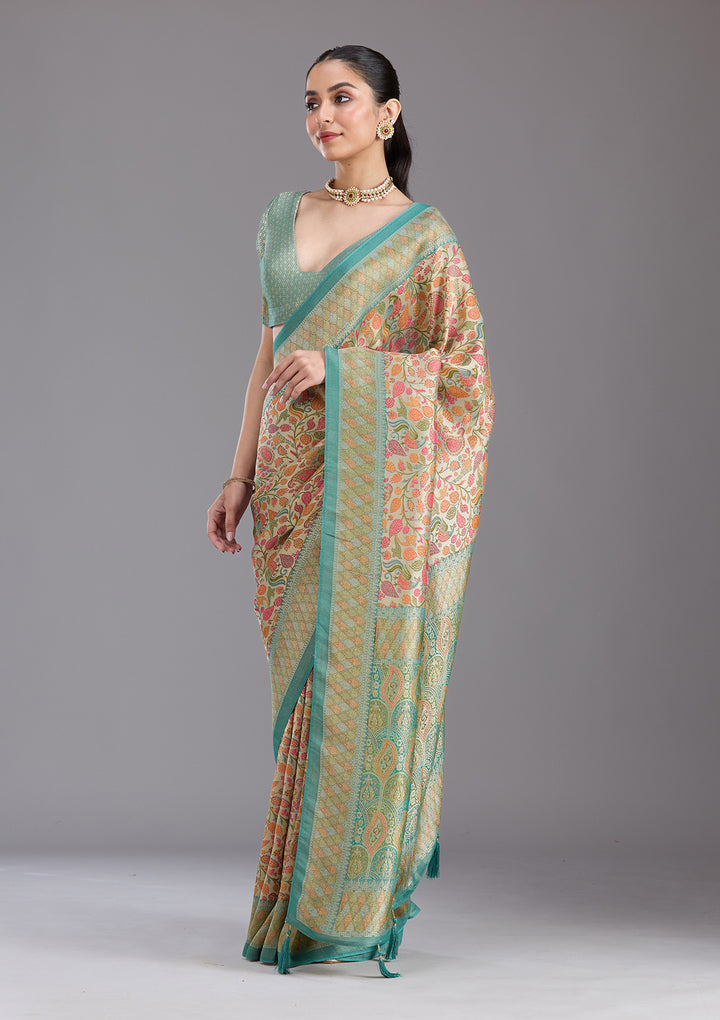 Sea Green Crepe Jaal Kashmiri Saree With Matching Blouse Piece
