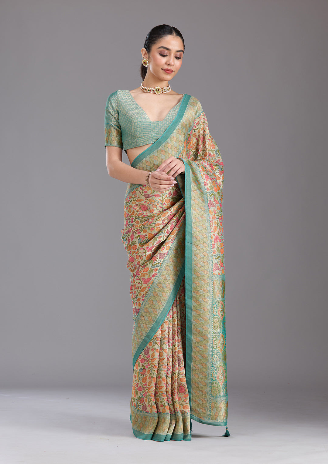 Sea Green Crepe Jaal Kashmiri Saree With Matching Blouse Piece