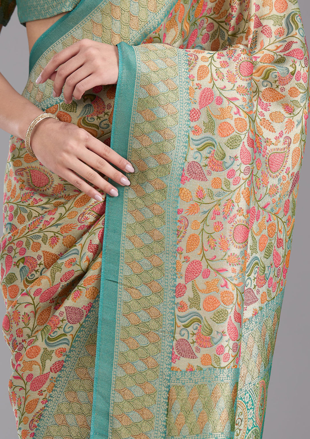 Sea Green Crepe Jaal Kashmiri Saree With Matching Blouse Piece