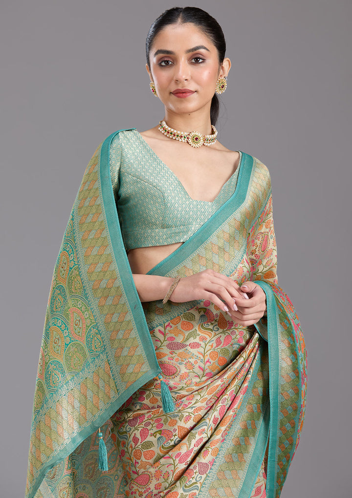 Sea Green Crepe Jaal Kashmiri Saree With Matching Blouse Piece