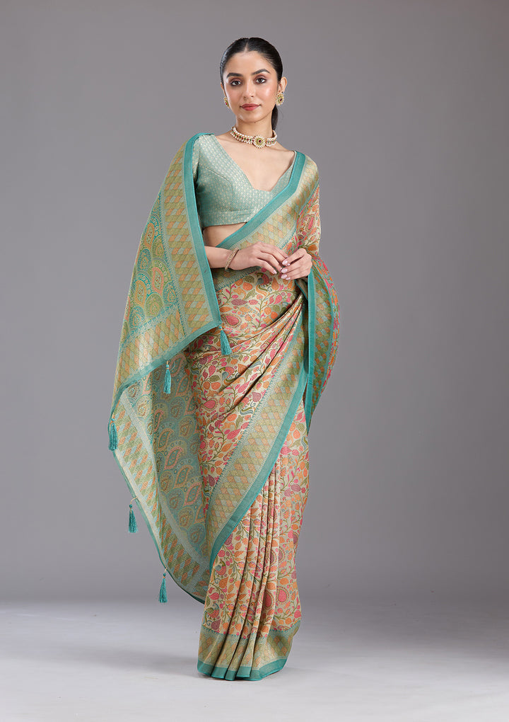 Sea Green Crepe Jaal Kashmiri Saree With Matching Blouse Piece