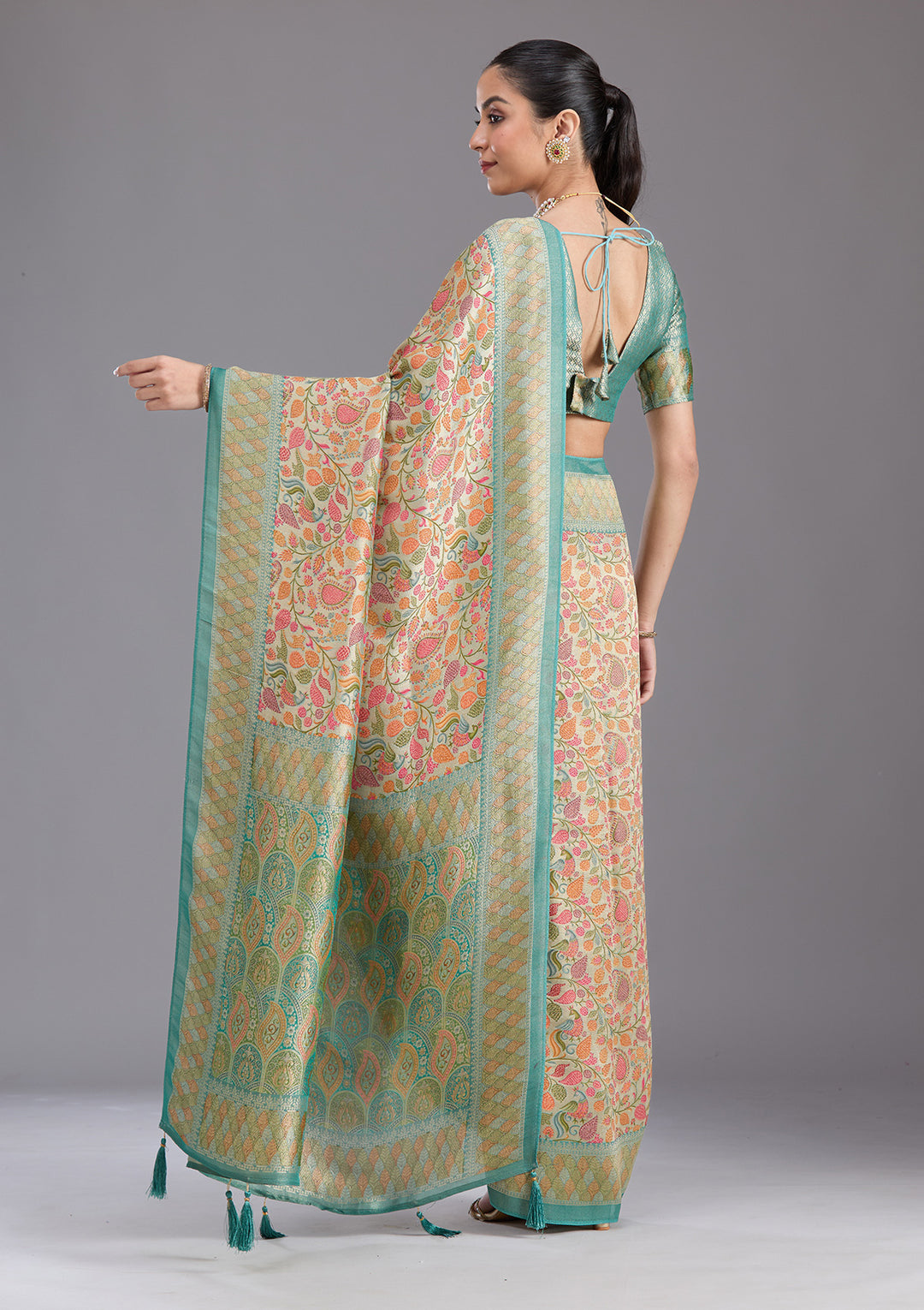Sea Green Crepe Jaal Kashmiri Saree With Matching Blouse Piece