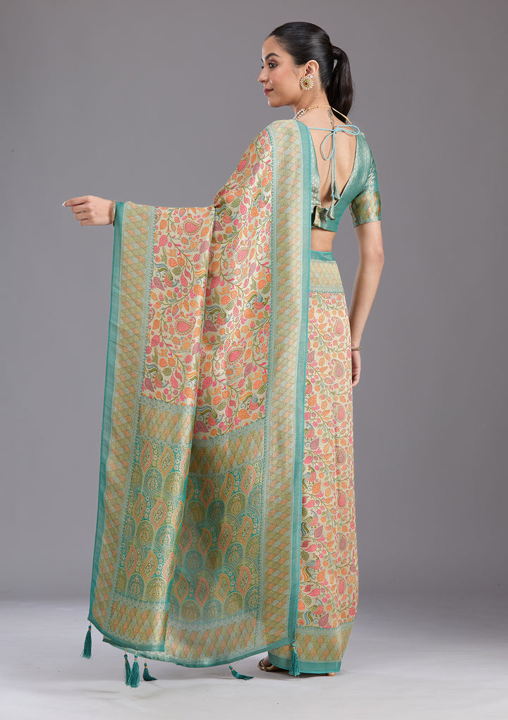 Sea Green Crepe Jaal Kashmiri Saree With Matching Blouse Piece
