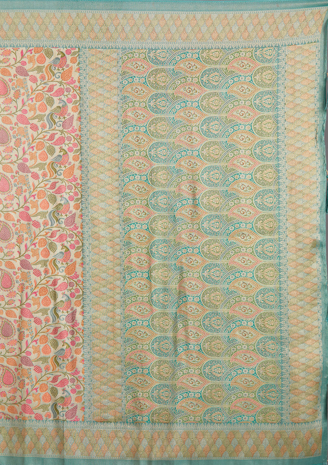 Sea Green Crepe Jaal Kashmiri Saree With Matching Blouse Piece