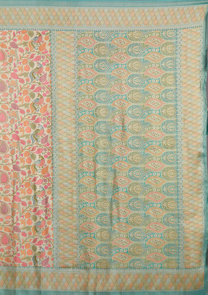 Sea Green Crepe Jaal Kashmiri Saree With Matching Blouse Piece