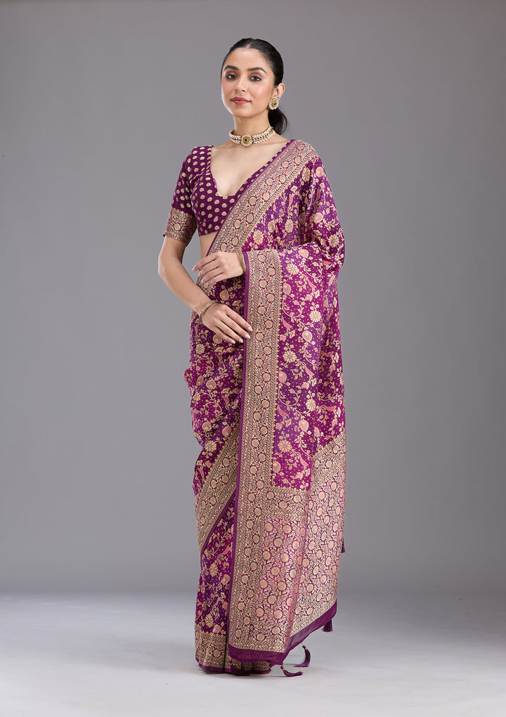Purple Crepe Jaal Gold Zariwork Saree With Matching Blouse Piece