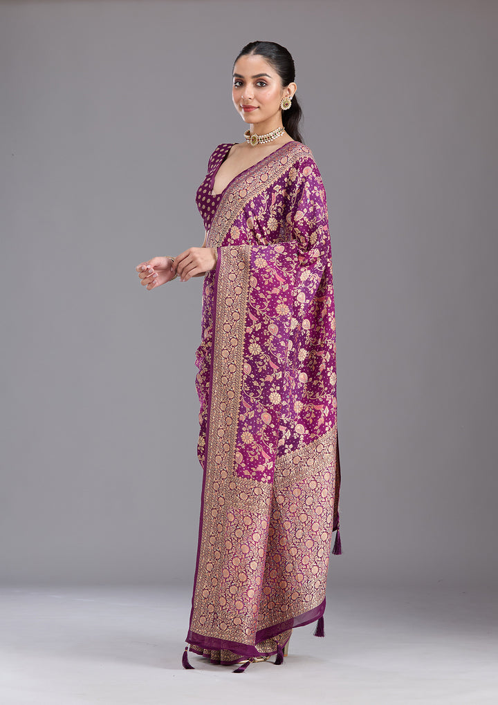 Purple Crepe Jaal Gold Zariwork Saree With Matching Blouse Piece